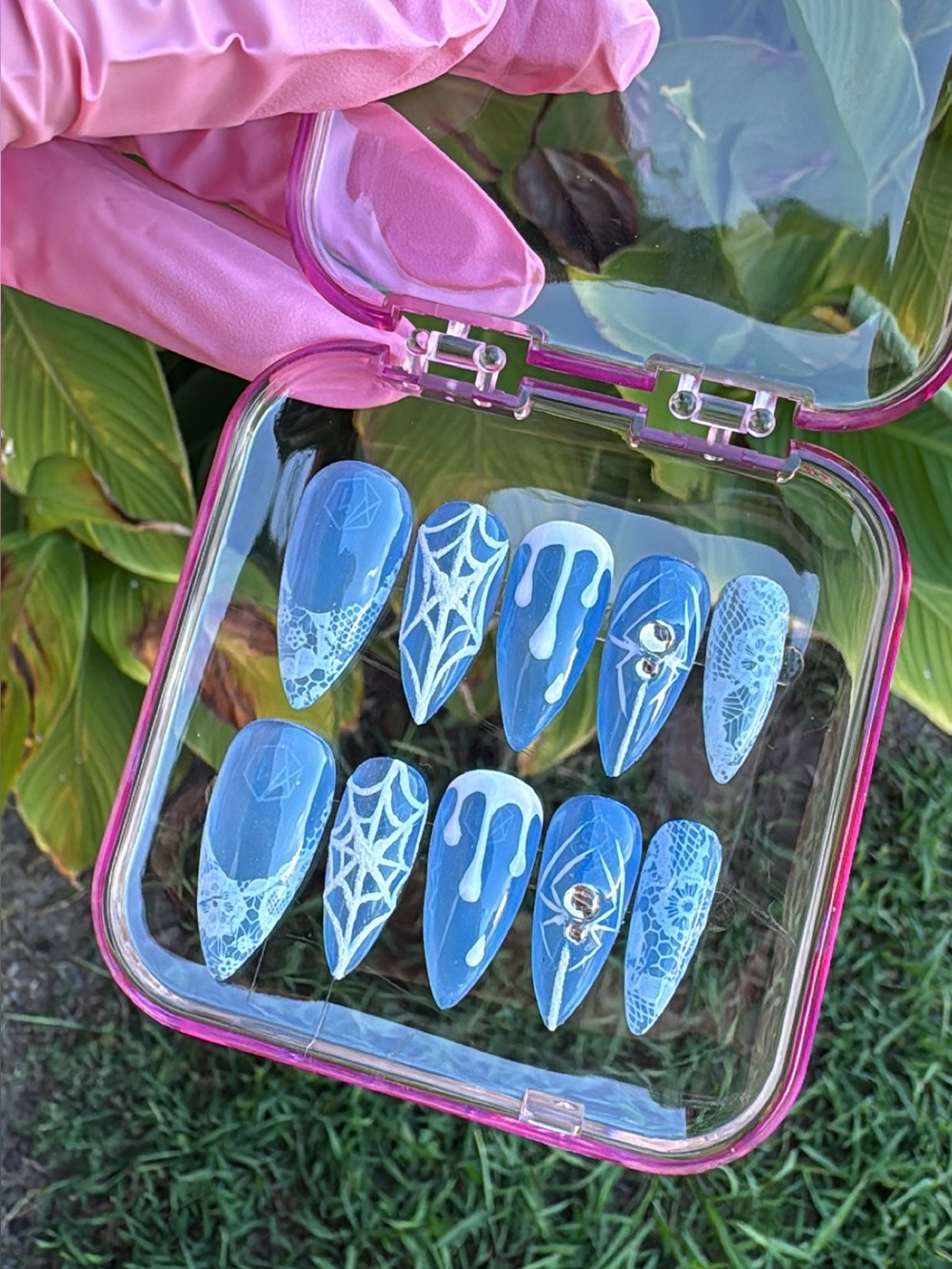 🕸️ Blue Lace Spiderweb Press-On Nails | Halloween Coquette Nails | Medium